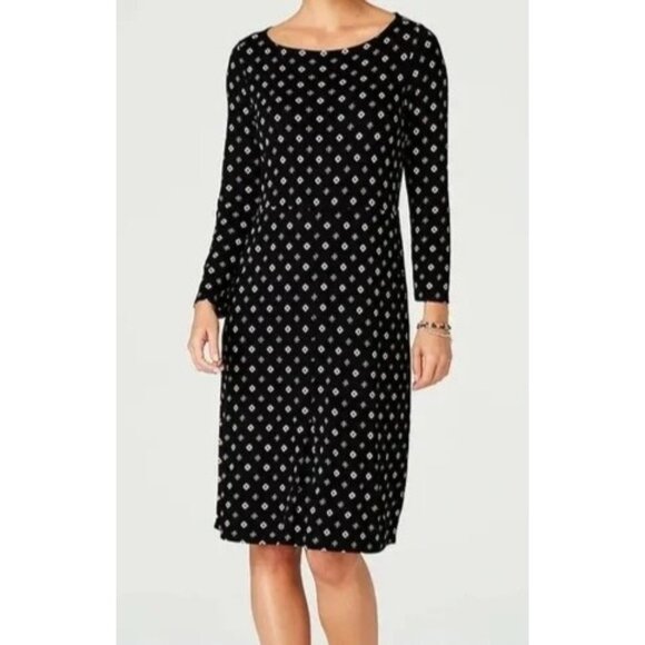 J.Jill Long Sleeve Geometric Print A-Line Dress Black Size M with Pockets - Picture 1 of 9